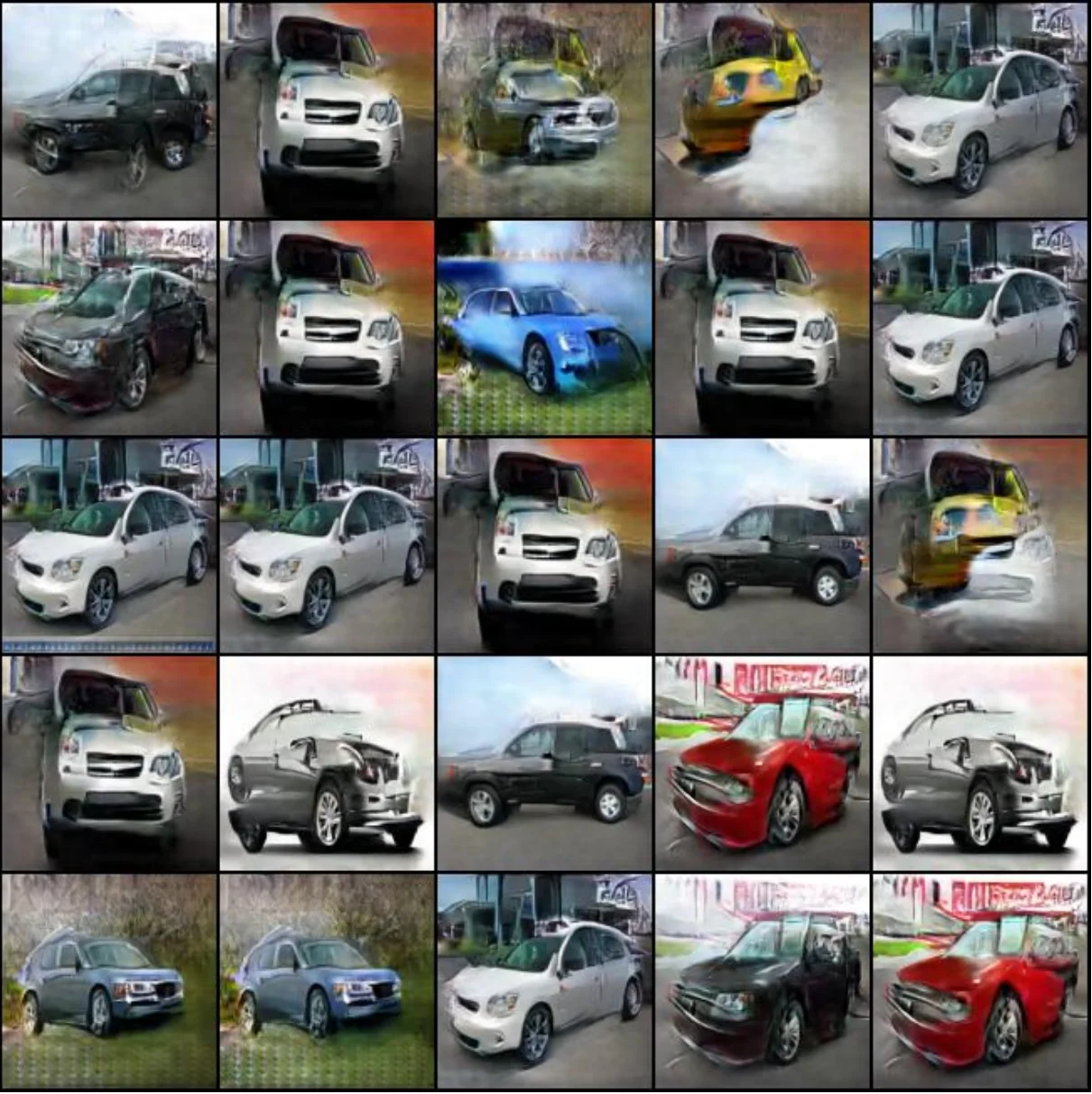 Cuadrícula de veinticinco automóviles generados por la GAN de CarDreamer, con varios vehículos y fondos repetidos.